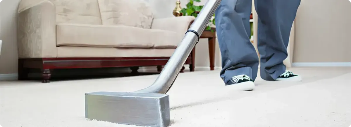 Carpet cleaning technician using a hot-water extraction wand on a light-colored carpet in a living room, Orange, CA.