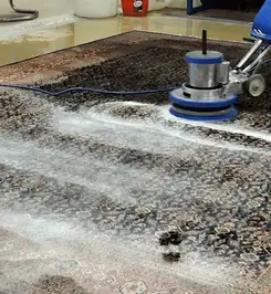 Professional rug cleaning with a rotary floor machine and shampoo foam, deep-cleaning an area rug Orange, CA.